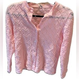 Pretty Pink button down sweater with scalloped cuffs and waist.